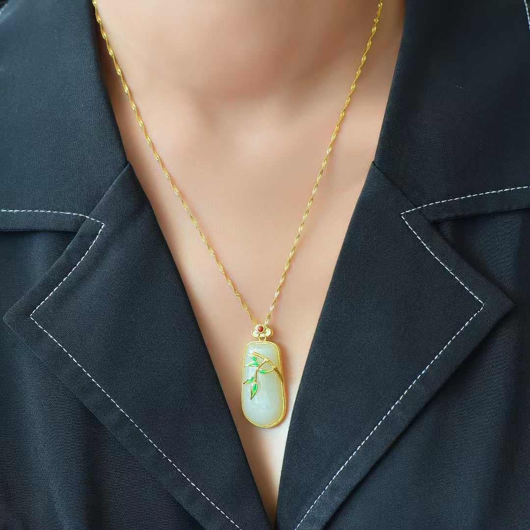 925 Silver - Inlaid Hetian Jade Pendant (Trapezoidal Peace Plaque, "Bamboo Conveys Peace" Design) - jewelry - weilin.com