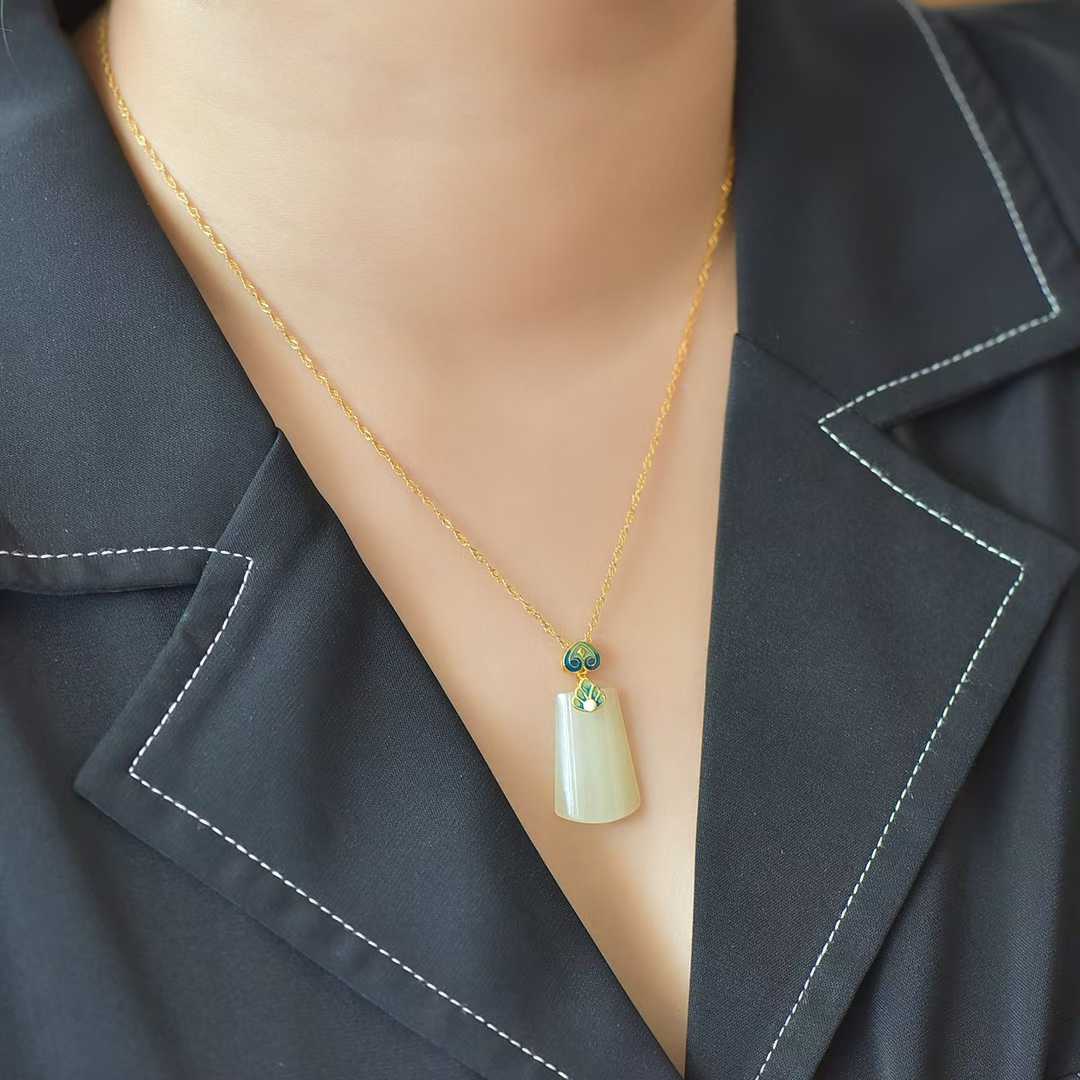 925 Silver - Inlaid Hetian Jade Pendant (Trapezoidal Peace Plaque, "Lotus for Continuous Good Luck" Design) - jewelry - weilin.com