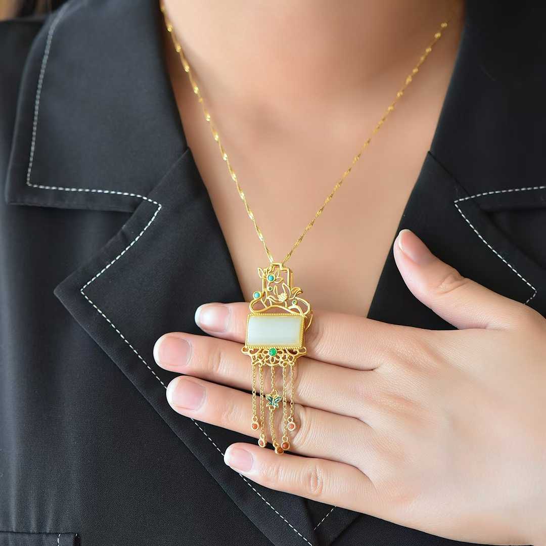 925 Silver - Inlaid Hetian Jade Pendant with "Lotus (Symbolizing Harmony & Bliss)" Design & Tassel - jewelry - weilin.com