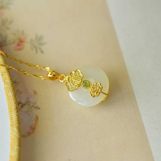 925 Silver - Inlaid Hetian Jade Pendant with "Peace & Smoothness" Meaning (Plain Silver Style) - jewelry - weilin.com