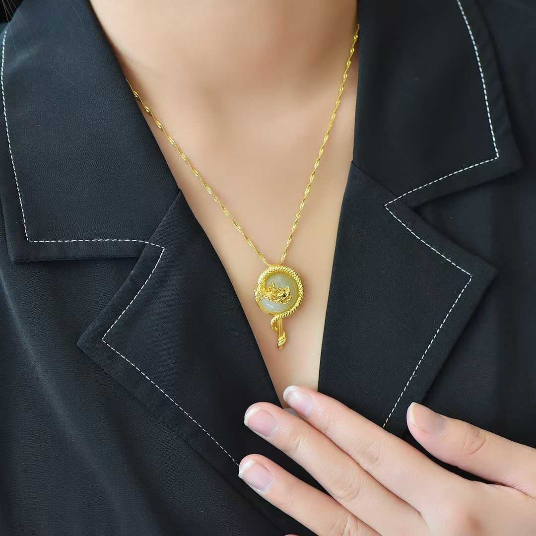 925 Silver - Inlaid Hetian Jade Pendant with Round Drum - Shaped Surface & "Dragon Soaring Across the Four Seas" Design - jewelry - weilin.com