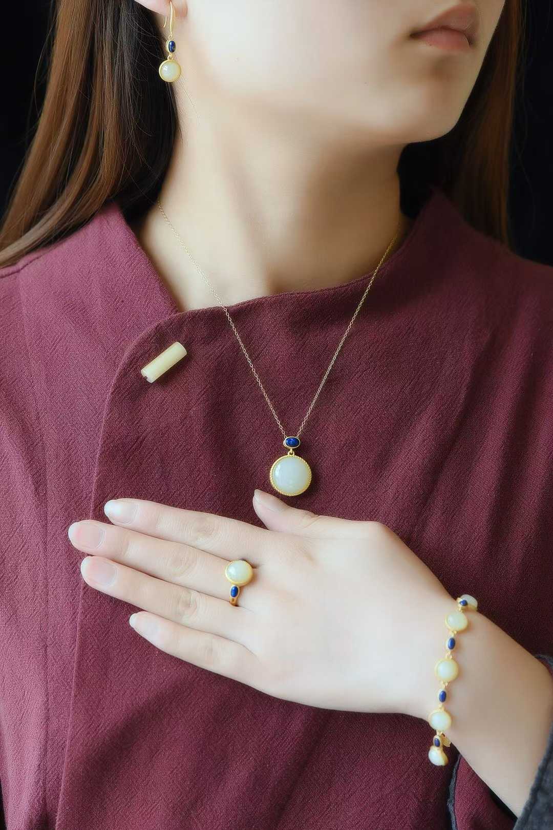 925 Silver Inlaid Hetian Jade Set - jewelry - weilin.com