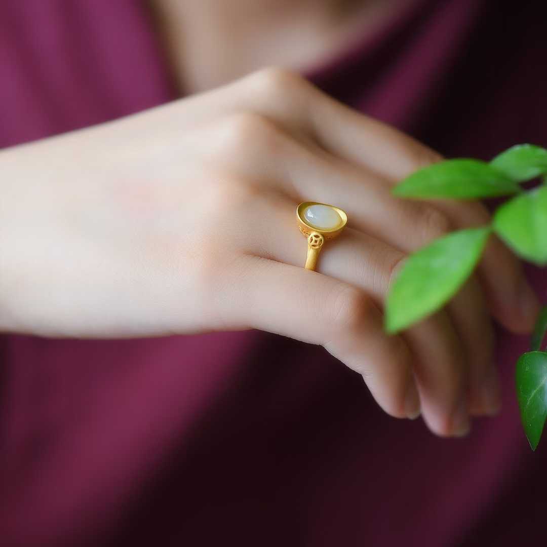 925 Silver Inlaid Hetian Jade Yuanbao Ring - jewelry - weilin.com