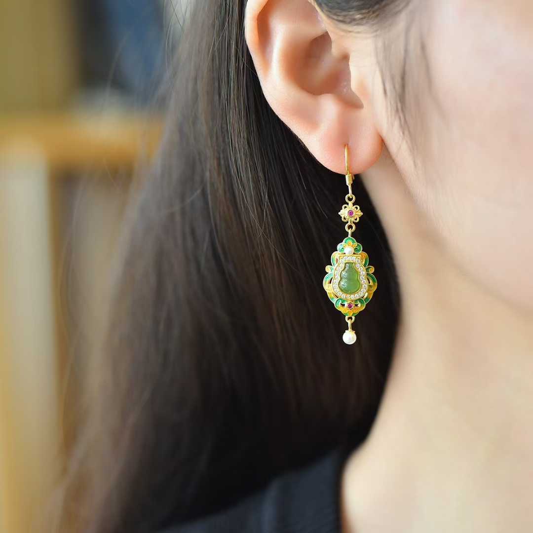 925 Silver Inlaid Hetian Jadeite (Jasper) "Gourd - Blessing & Emoluments" Earrings - jewelry - weilin.com