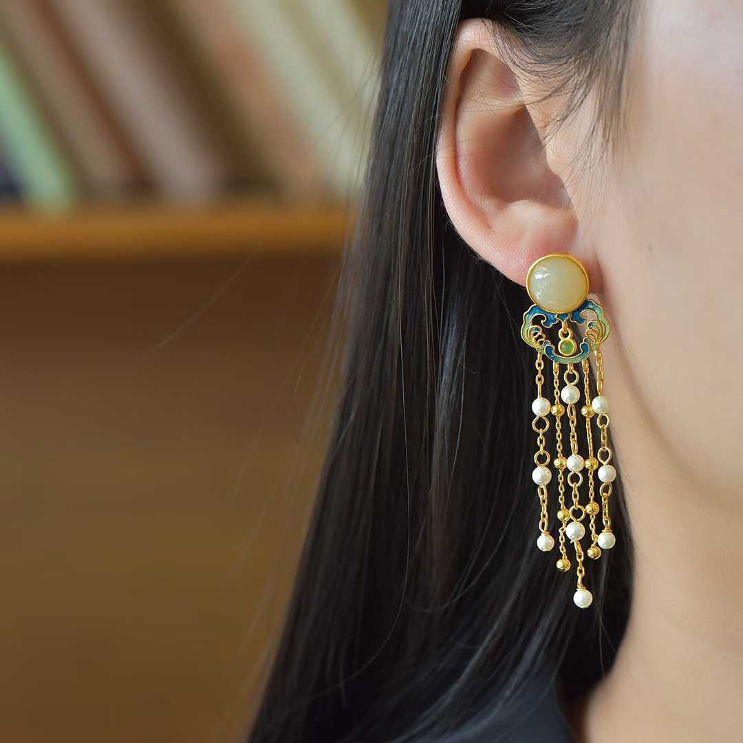 925 Silver Inlaid Hetian Nephrite "Auspicious Clouds Shining" Tassel Earrings - jewelry - weilin.com
