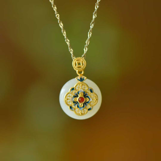 925 Silver Inlaid Hetian Nephrite "Blooming Prosperity & Peace Buckle" Jewelry Set - jewelry - weilin.com