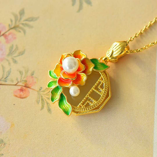 925 Silver Inlaid Hetian Nephrite "Blooming Prosperity" with Pearl Pendant - jewelry - weilin.com