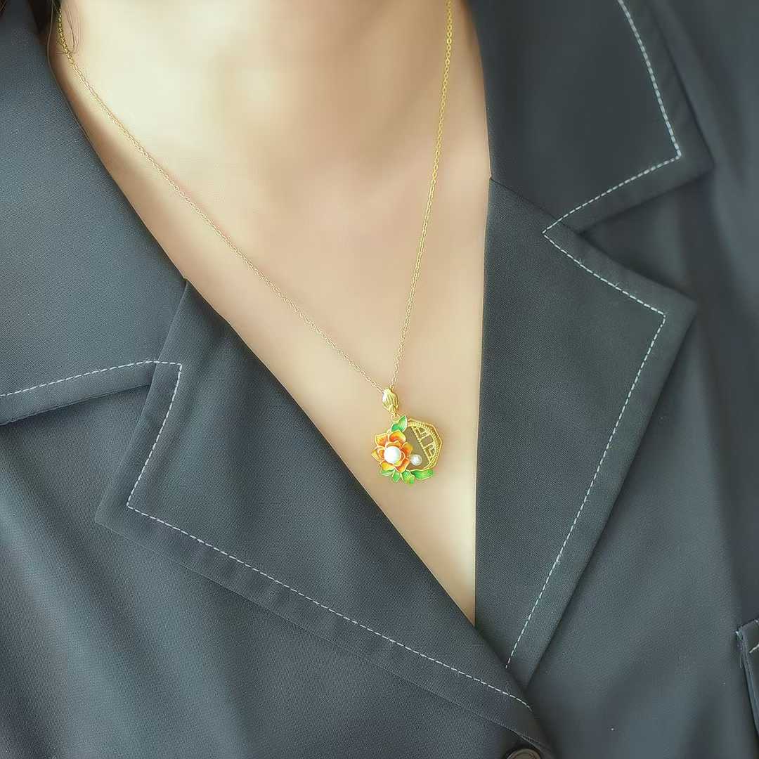 925 Silver Inlaid Hetian Nephrite "Blooming Prosperity" with Pearl Pendant - jewelry - weilin.com