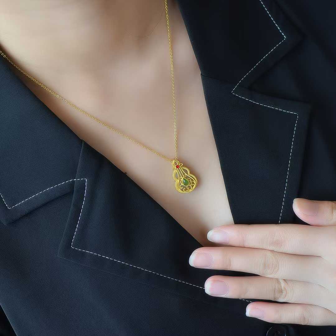 925 Silver Inlaid Hetian Nephrite "Bosom Friend" Violin Pendant - jewelry - weilin.com