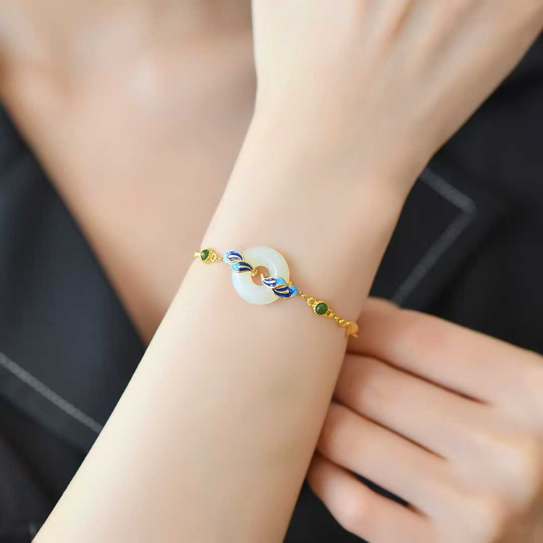 925 Silver Inlaid Hetian Nephrite "Bread Loaf Bead & Phoenix Tail" Bracelet - jewelry - weilin.com