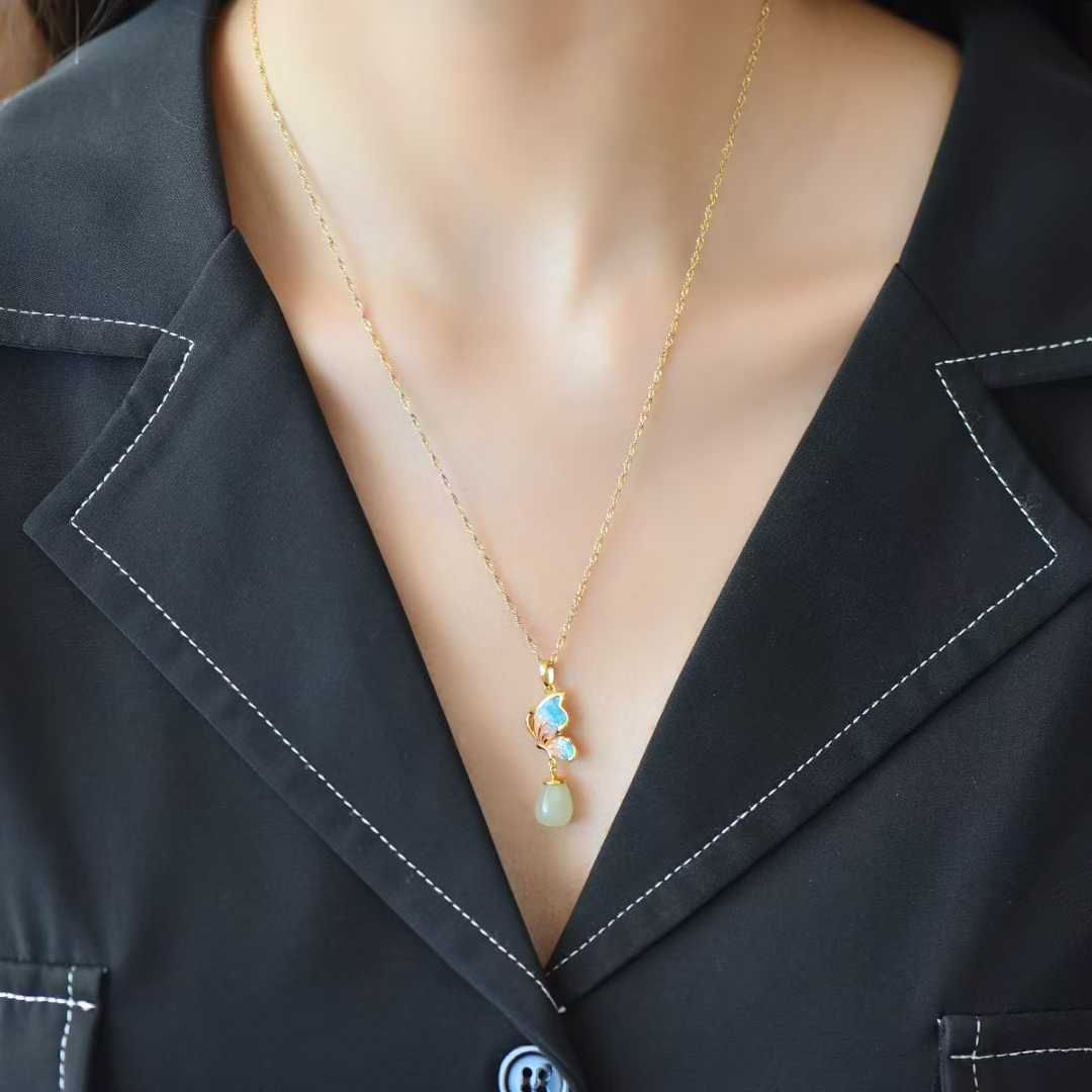 925 Silver Inlaid Hetian Nephrite Butterfly Pendant - jewelry - weilin.com