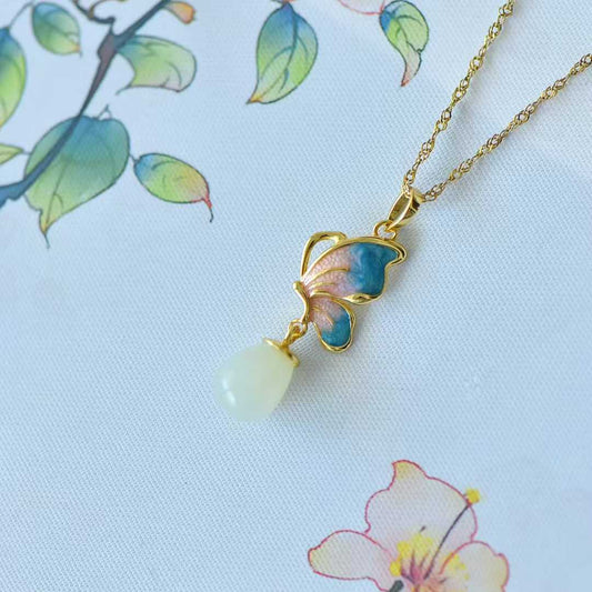 925 Silver Inlaid Hetian Nephrite Butterfly Pendant - jewelry - weilin.com