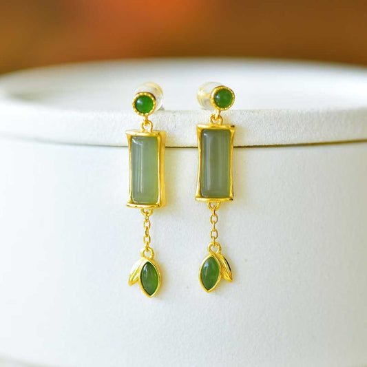 925 Silver Inlaid Hetian Nephrite (Clear Water Variety) "Steady Progress" Stud Earrings - jewelry - weilin.com