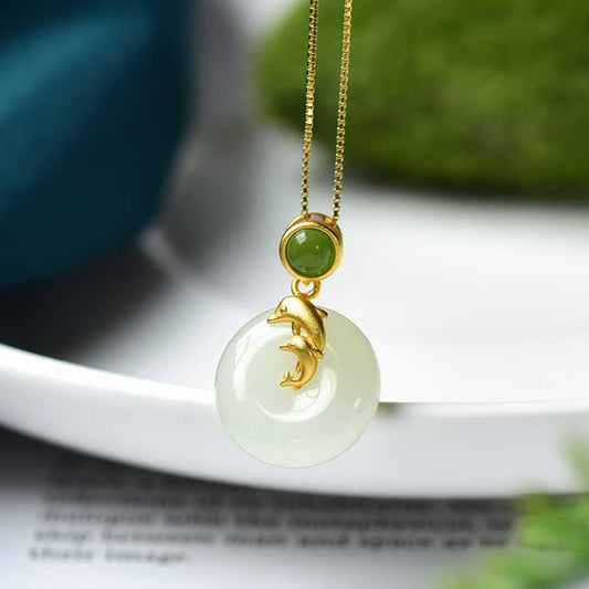 925 Silver Inlaid Hetian Nephrite "Dolphin & Peace Buckle" Pendant - jewelry - weilin.com