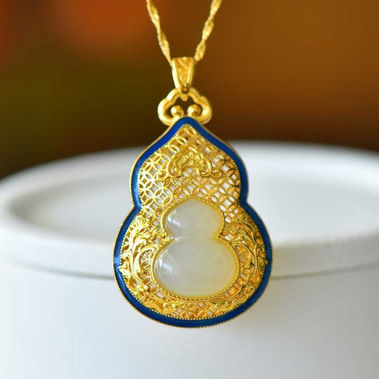 925 Silver Inlaid Hetian Nephrite "Double Blessings of Fortune & Emoluments" Gourd Pendant - jewelry - weilin.com