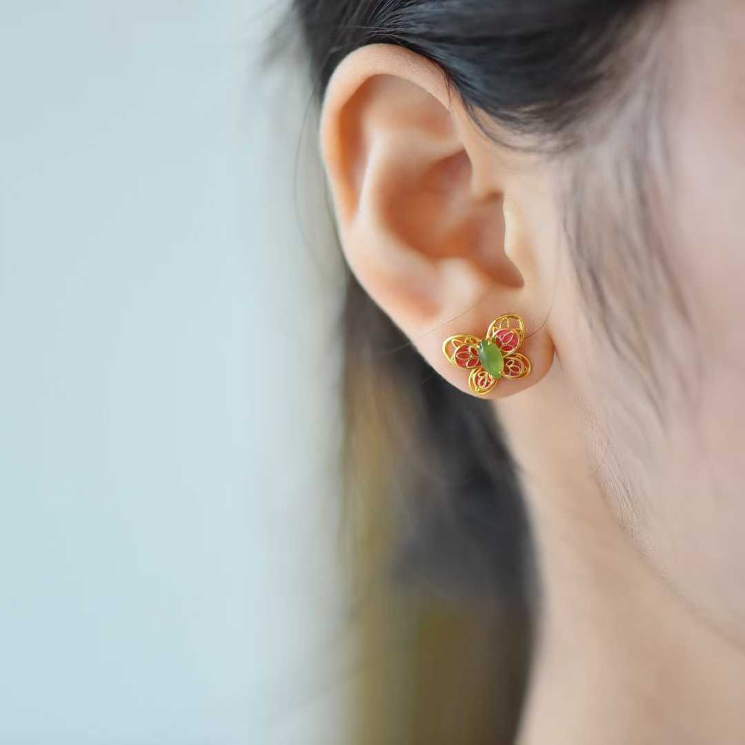 925 Silver Inlaid Hetian Nephrite "Dreamy Butterfly" Stud Earrings - jewelry - weilin.com
