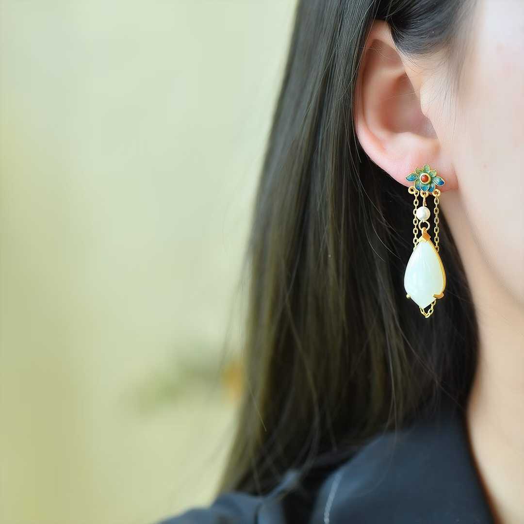 925 Silver Inlaid Hetian Nephrite & Enamel Earrings - jewelry - weilin.com