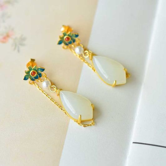 925 Silver Inlaid Hetian Nephrite & Enamel Earrings - jewelry - weilin.com
