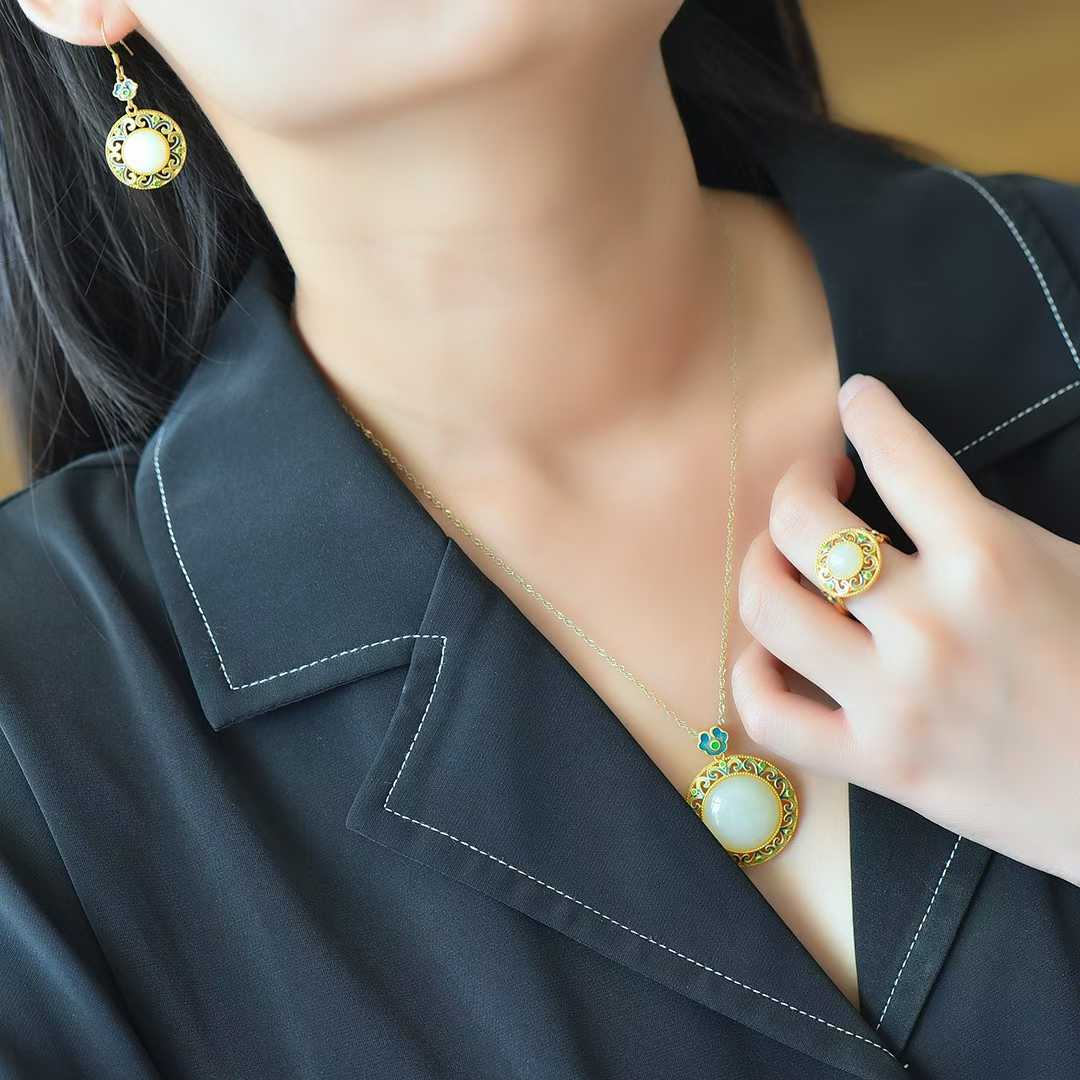 925 Silver Inlaid Hetian Nephrite "Endless Blessings" Jewelry Set - jewelry - weilin.com