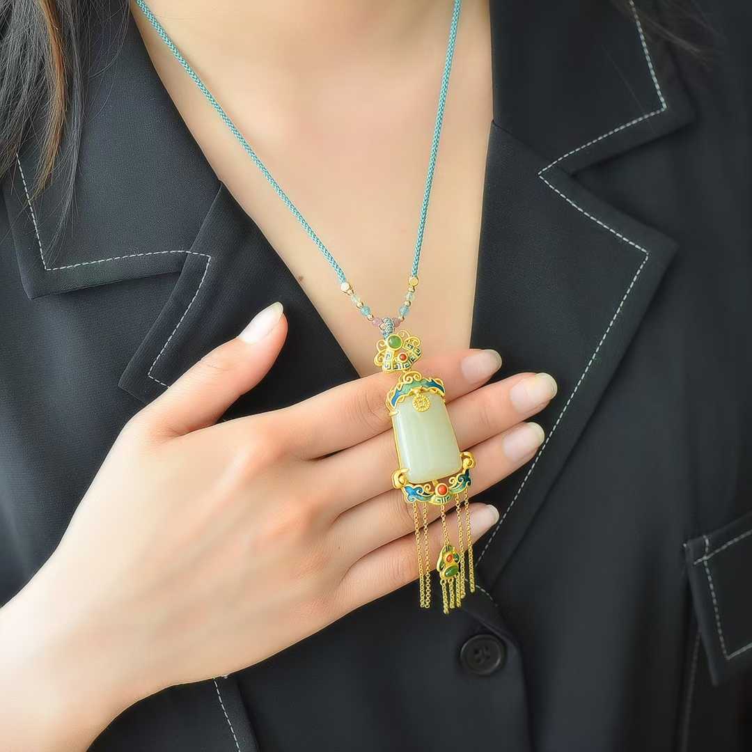 925 Silver Inlaid Hetian Nephrite "Endless Blessings & Tassel" Pendant - jewelry - weilin.com