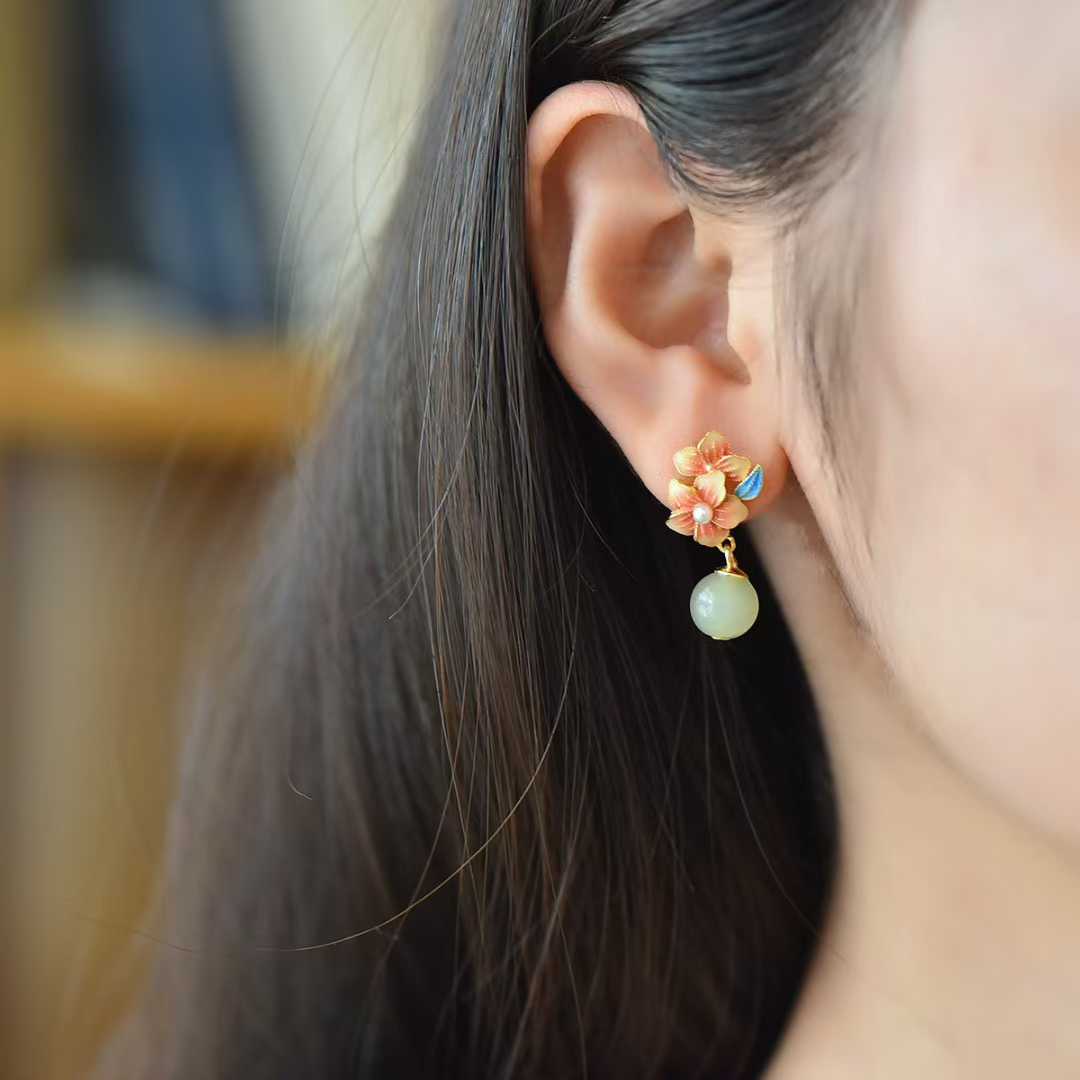 925 Silver Inlaid Hetian Nephrite "Ethereal Peach Blossom" Earrings - jewelry - weilin.com