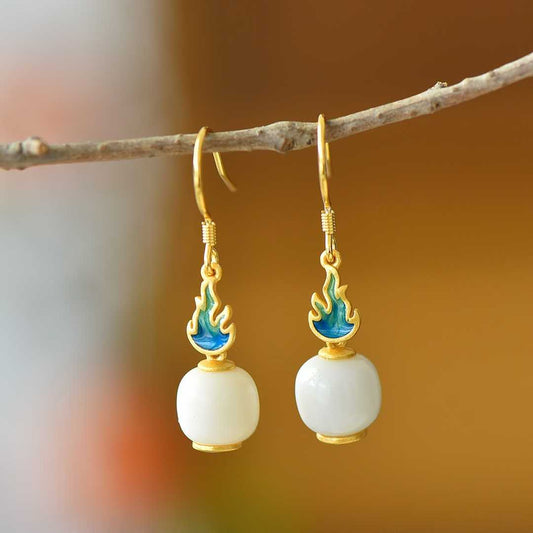 925 Silver Inlaid Hetian Nephrite Fine Material Barrel Bead "Everlasting Vitality" Enamel Earrings - jewelry - weilin.com