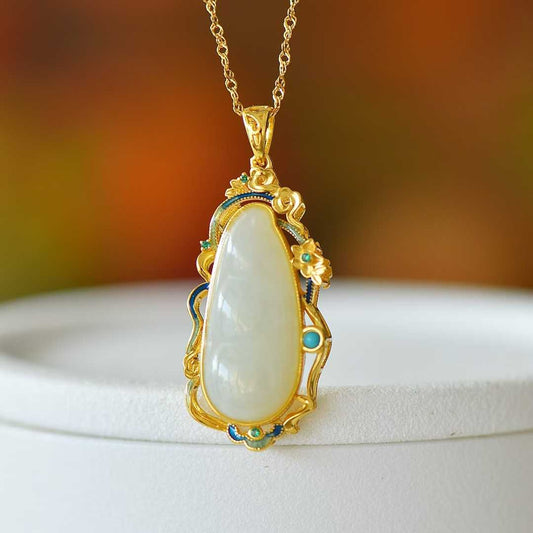 925 Silver Inlaid Hetian Nephrite "Four Seasons Fortune Bean" Pendant - jewelry - weilin.com