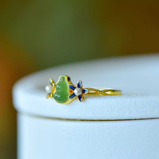 925 Silver Inlaid Hetian Nephrite "Gourd & Orchid" Ring - jewelry - weilin.com