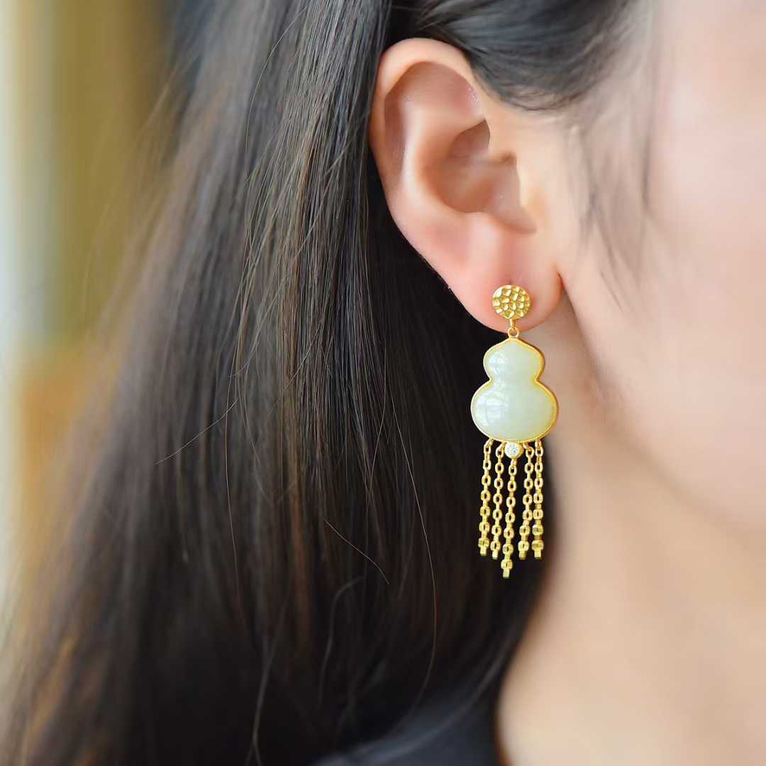 925 Silver Inlaid Hetian Nephrite "Gourd & Tassel" Earrings - jewelry - weilin.com