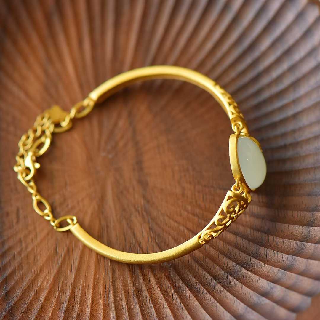 925 Silver Inlaid Hetian Nephrite "Hollowed - Out" Bracelet - jewelry - weilin.com