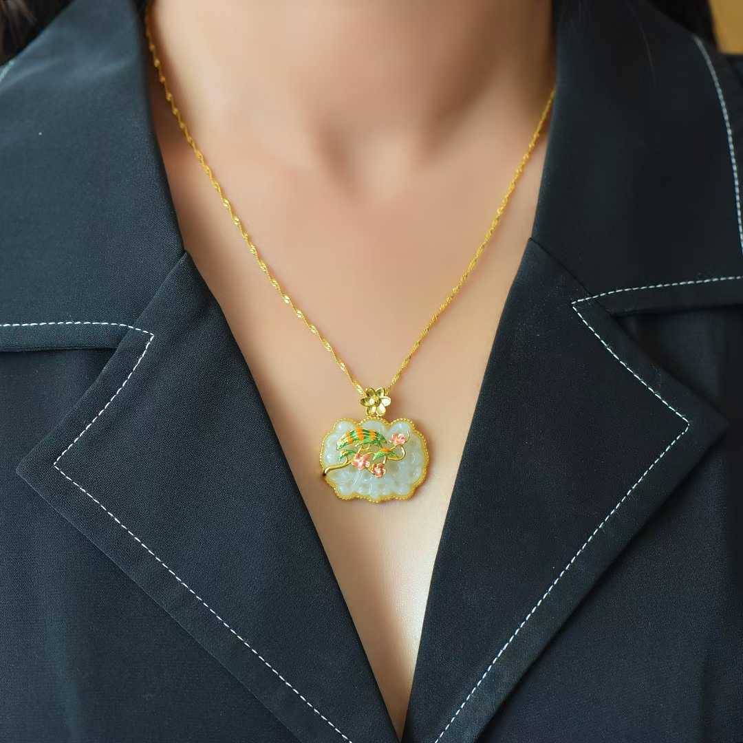 925 Silver Inlaid Hetian Nephrite "Joy on the Eyebrows" Enamel Pendant - jewelry - weilin.com