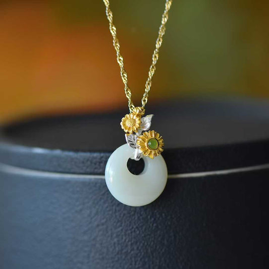 925 Silver Inlaid Hetian Nephrite "July Hollyhock (Twelve Flower Gods)" Jewelry Set - jewelry - weilin.com