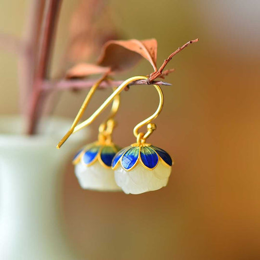 925 Silver Inlaid Hetian Nephrite "Lotus Bead" Earrings - jewelry - weilin.com