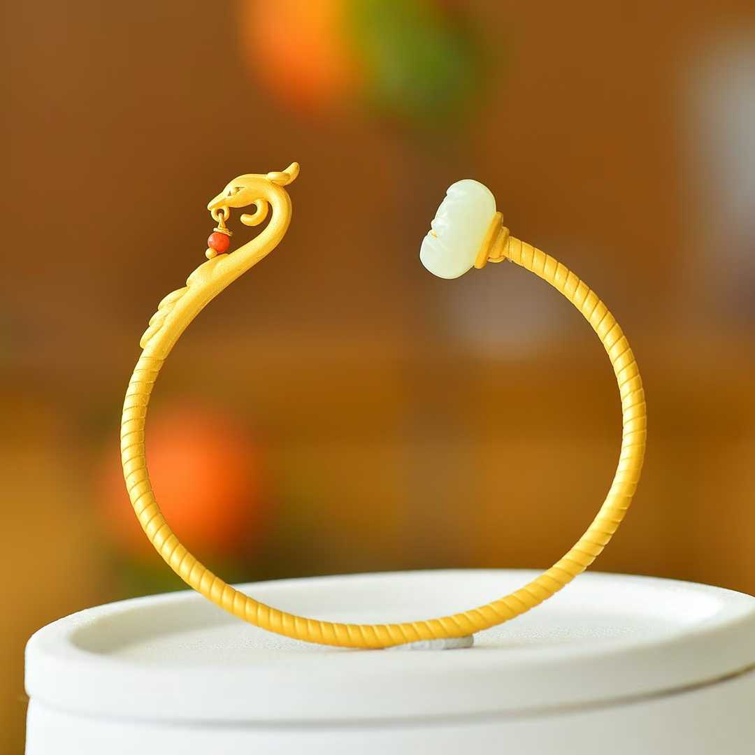 925 Silver Inlaid Hetian Nephrite "Lotus & Phoenix Arrival" Bracelet - jewelry - weilin.com