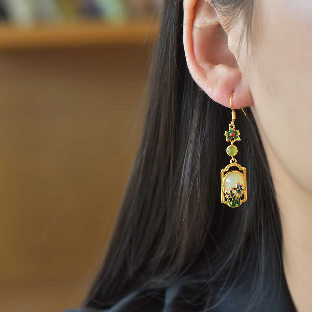 925 Silver Inlaid Hetian Nephrite "Orchid & Ruyi" Earrings - jewelry - weilin.com