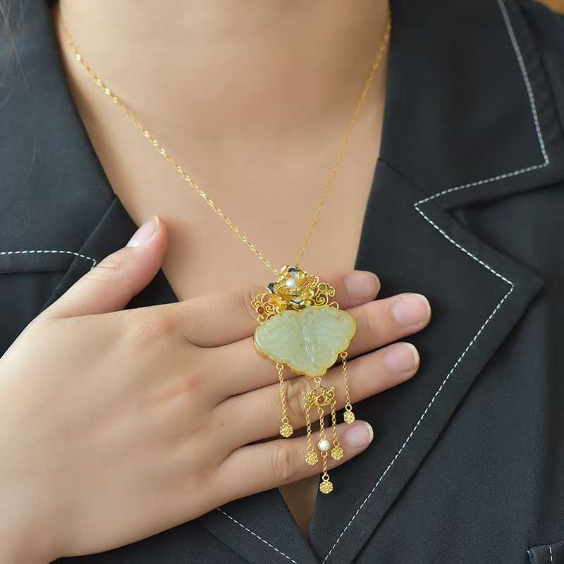 925 Silver Inlaid Hetian Nephrite "Orioles Singing & Butterflies Dancing" Tassel Pendant - jewelry - weilin.com