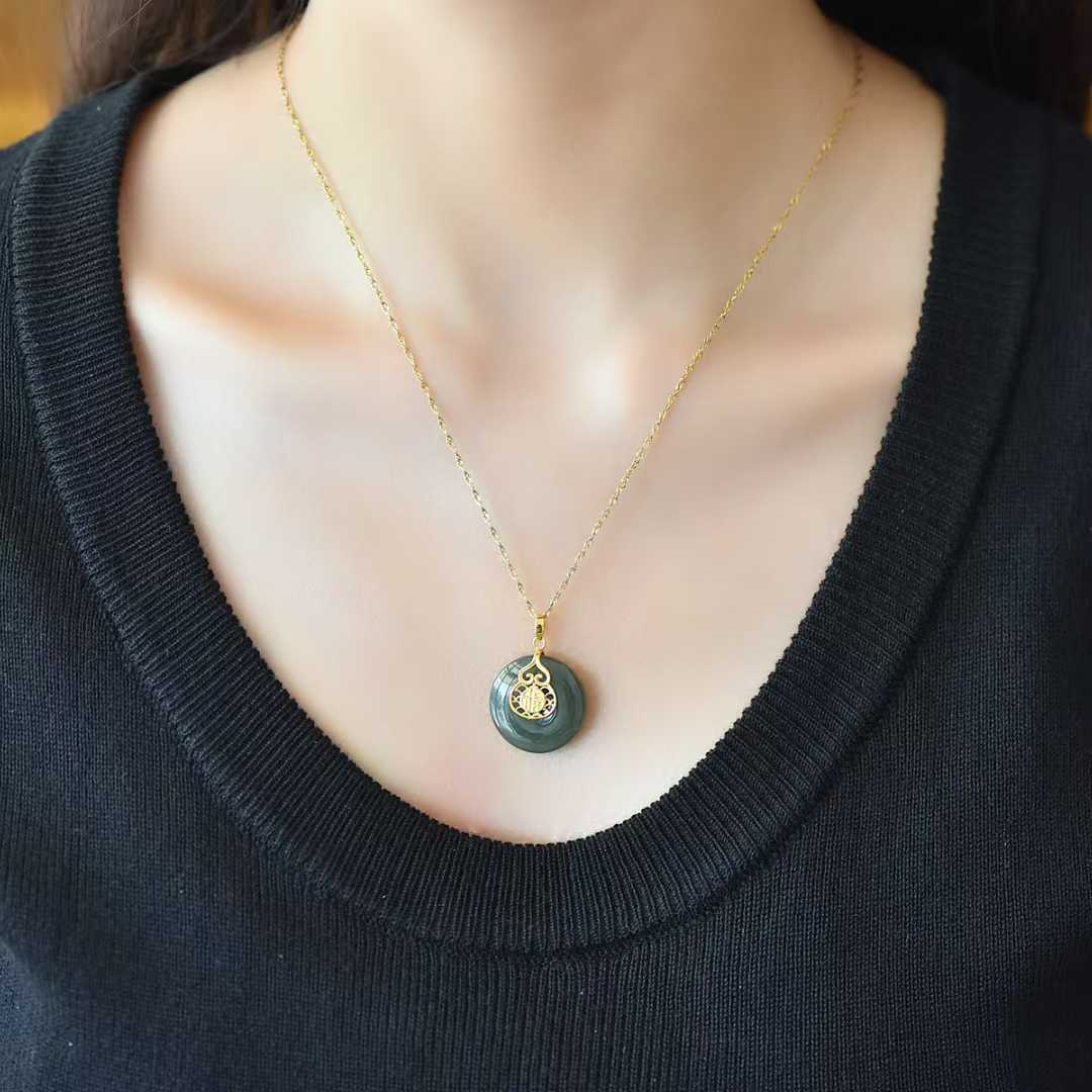 925 Silver Inlaid Hetian Nephrite "Peace Buckle & Gourd" Pendant - jewelry - weilin.com
