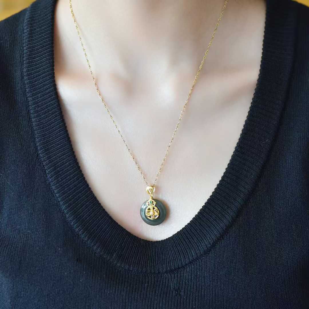 925 Silver Inlaid Hetian Nephrite "Peace Buckle & Lily" Pendant - jewelry - weilin.com