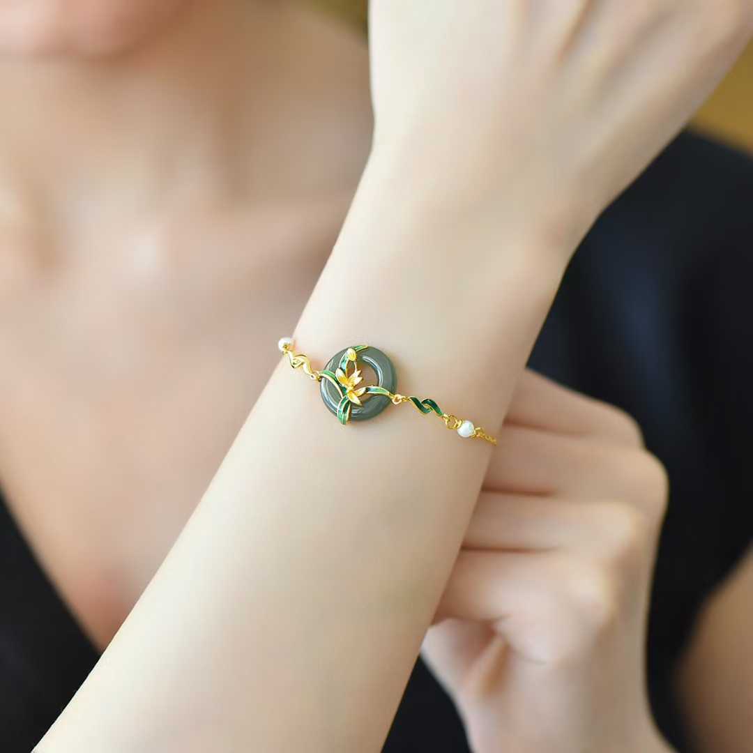925 Silver Inlaid Hetian Nephrite Peace Ring & Lotus Bracelet - jewelry - weilin.com