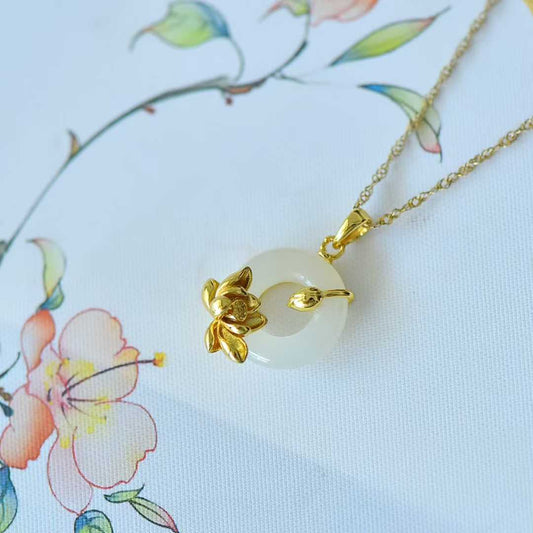 925 Silver Inlaid Hetian Nephrite Peace Ring & Lotus Pendant - jewelry - weilin.com