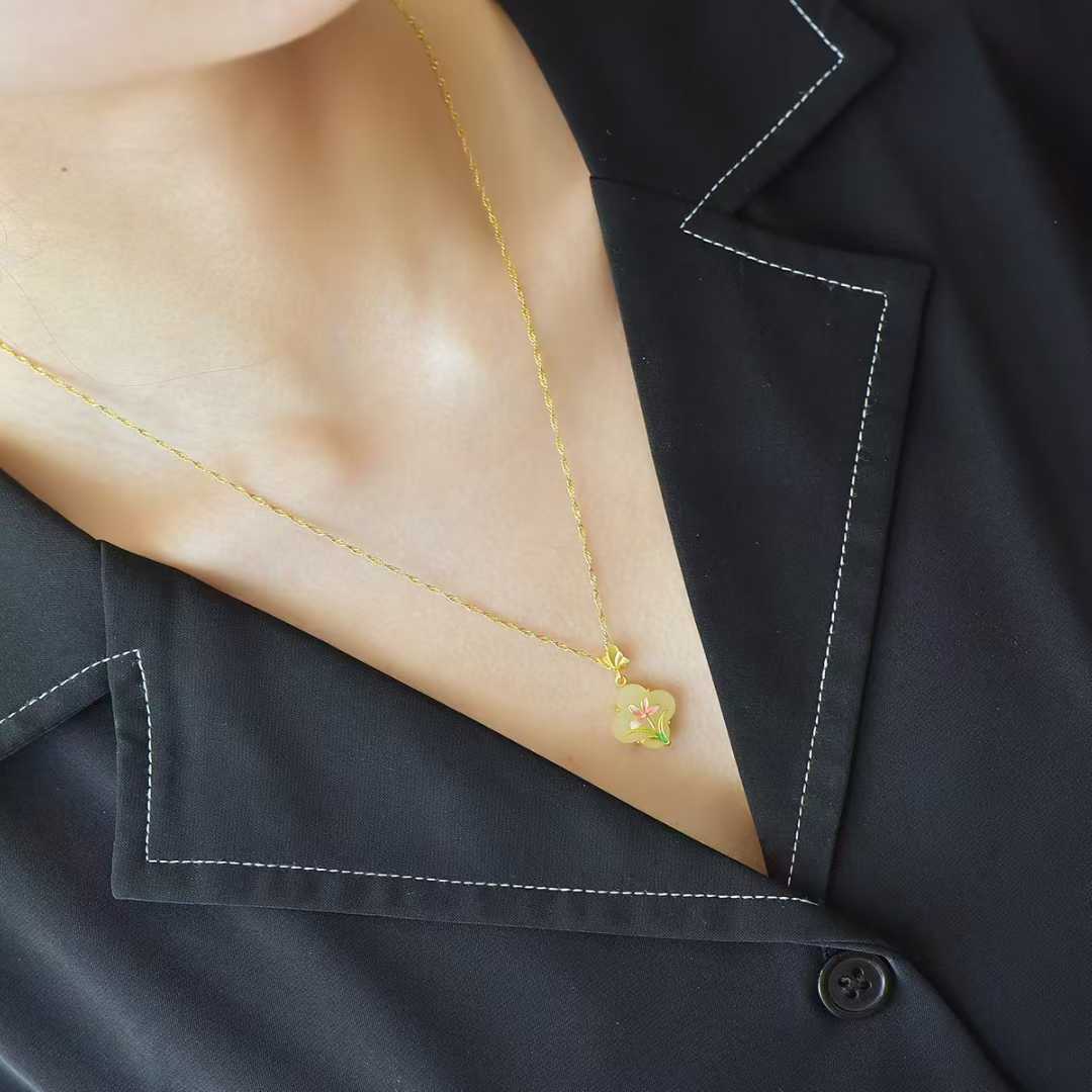 925 Silver Inlaid Hetian Nephrite "Phalaenopsis & Four - Leaf Clover" Pendant - jewelry - weilin.com