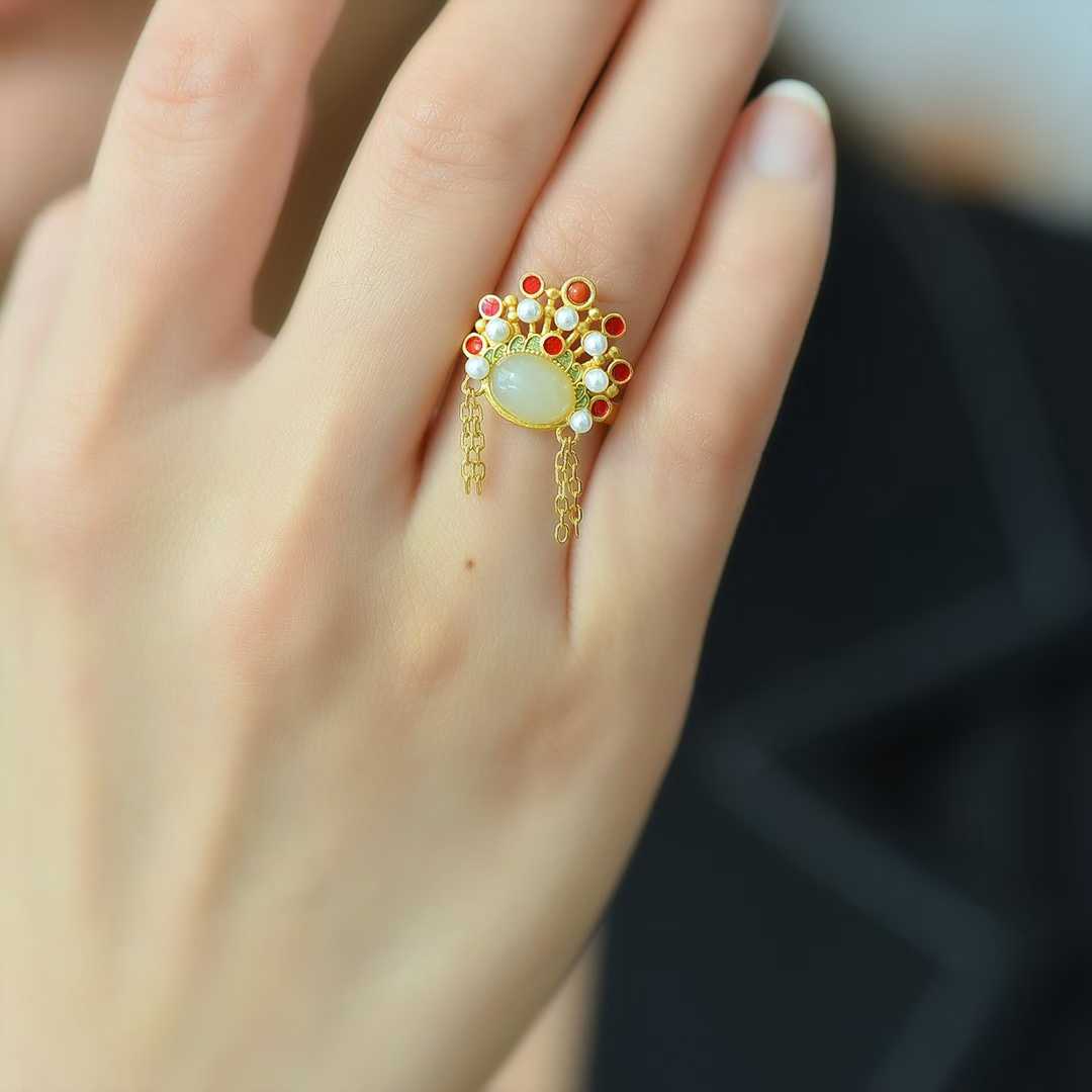 925 Silver Inlaid Hetian Nephrite "Phoenix Crown" Ring - jewelry - weilin.com