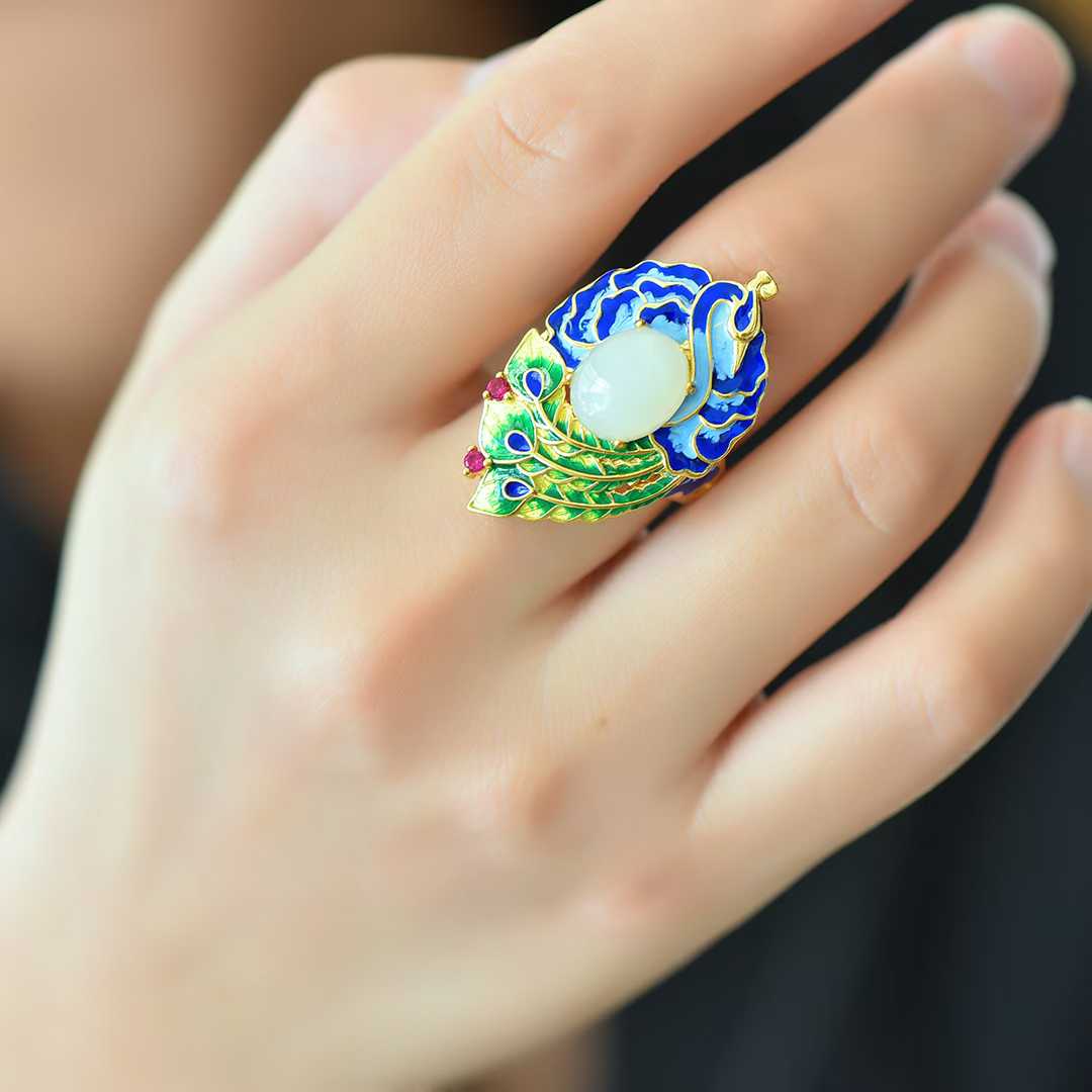 925 Silver Inlaid Hetian Nephrite Phoenix Ring - jewelry - weilin.com