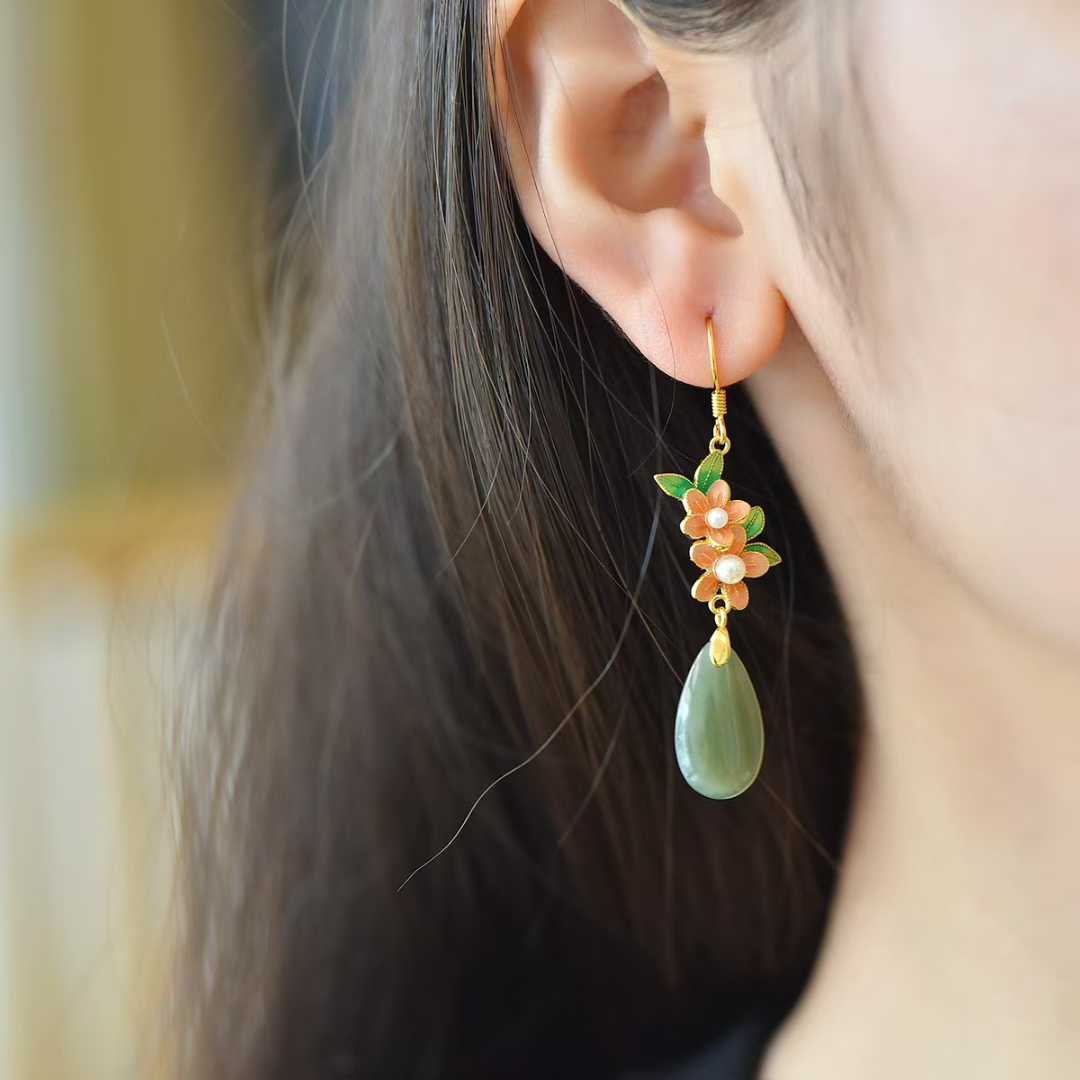 925 Silver Inlaid Hetian Nephrite Plum Blossom Earrings - jewelry - weilin.com