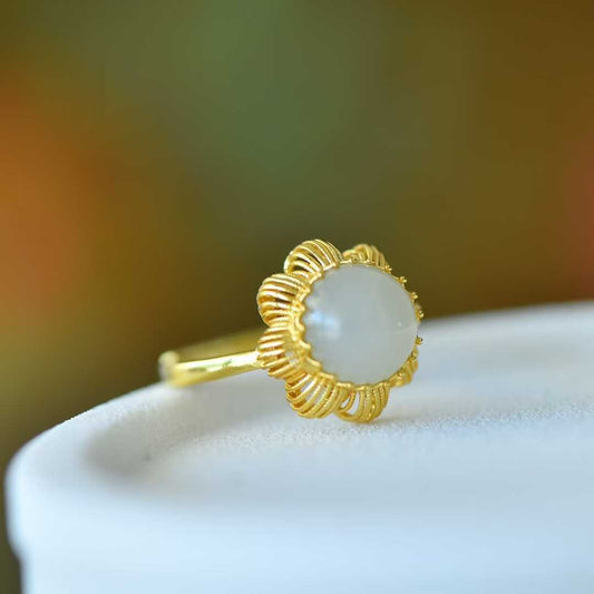 925 Silver Inlaid Hetian Nephrite "Round Drum & Plain Silver Hollow - Out" Ring - jewelry - weilin.com