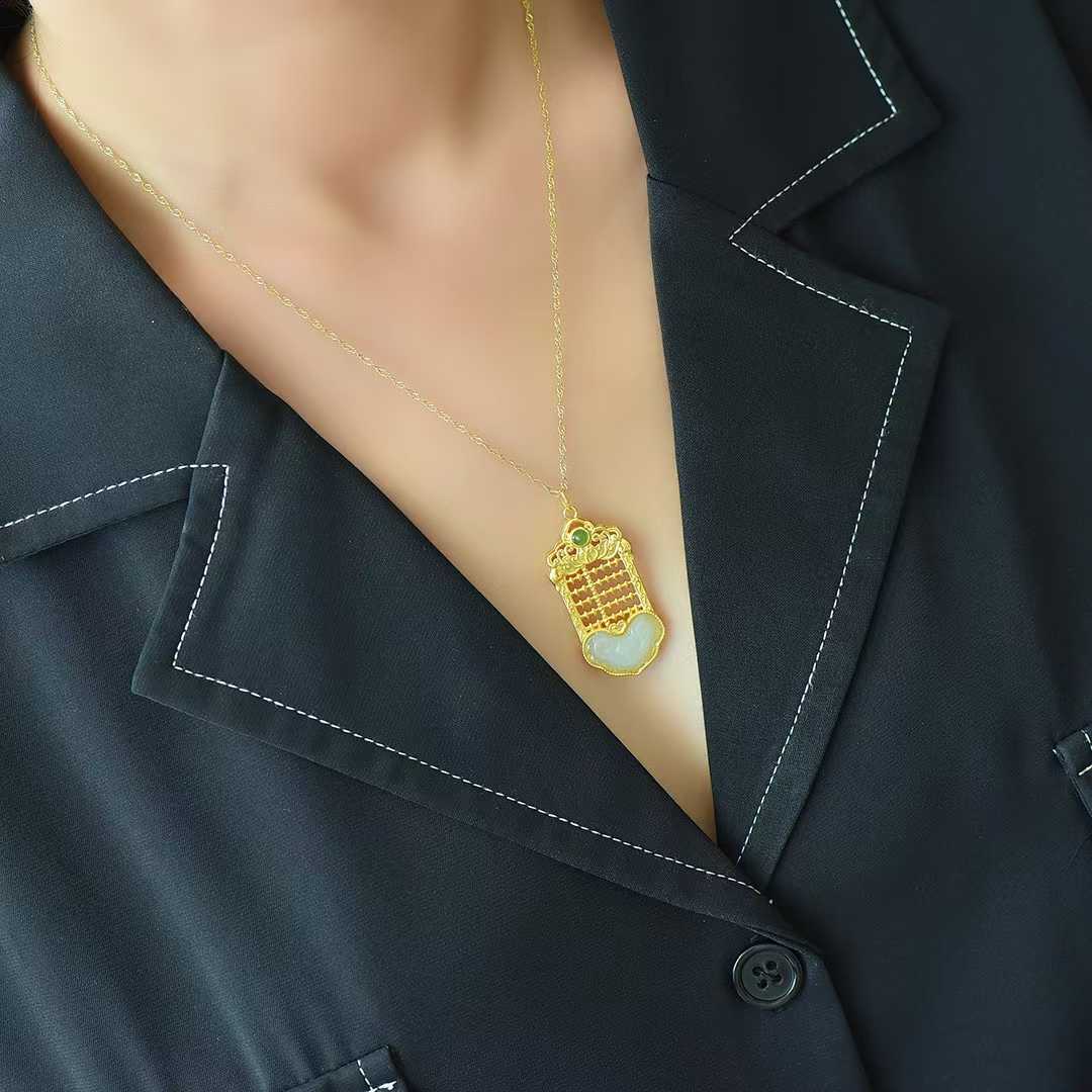 925 Silver Inlaid Hetian Nephrite "Ruyi Abacus" Pendant - jewelry - weilin.com