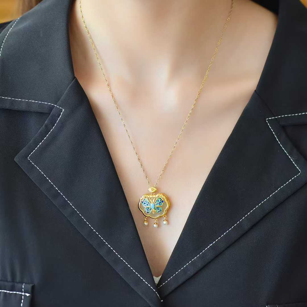 925 Silver Inlaid Hetian Nephrite "Ruyi Lock & Dream Butterfly" Pendant - jewelry - weilin.com