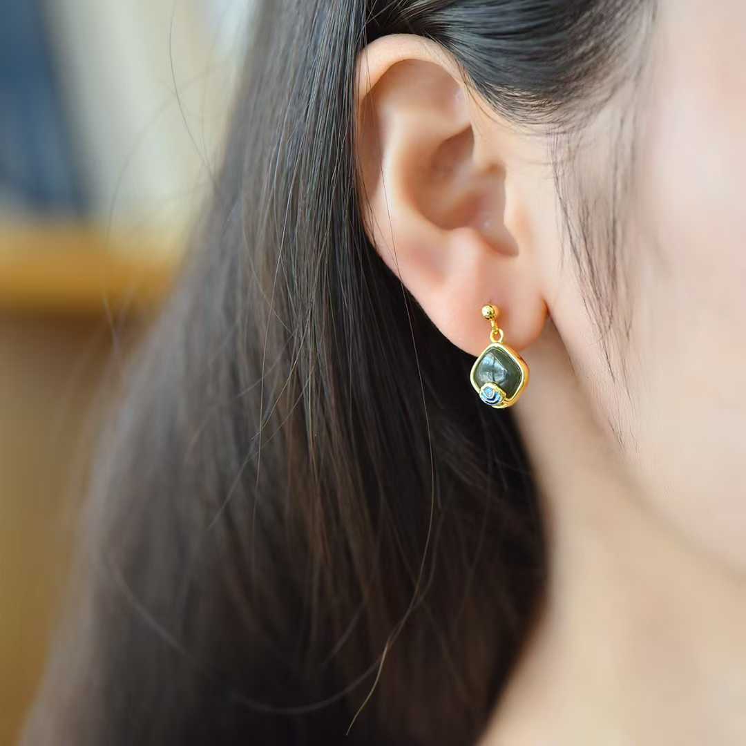 925 Silver Inlaid Hetian Nephrite "Small Square Sugar" Earrings - jewelry - weilin.com