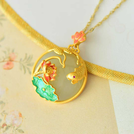 925 Silver Inlaid Hetian Nephrite Smoky Gray Cabochon "Lotus & Abundant Surplus" Pendant - jewelry - weilin.com