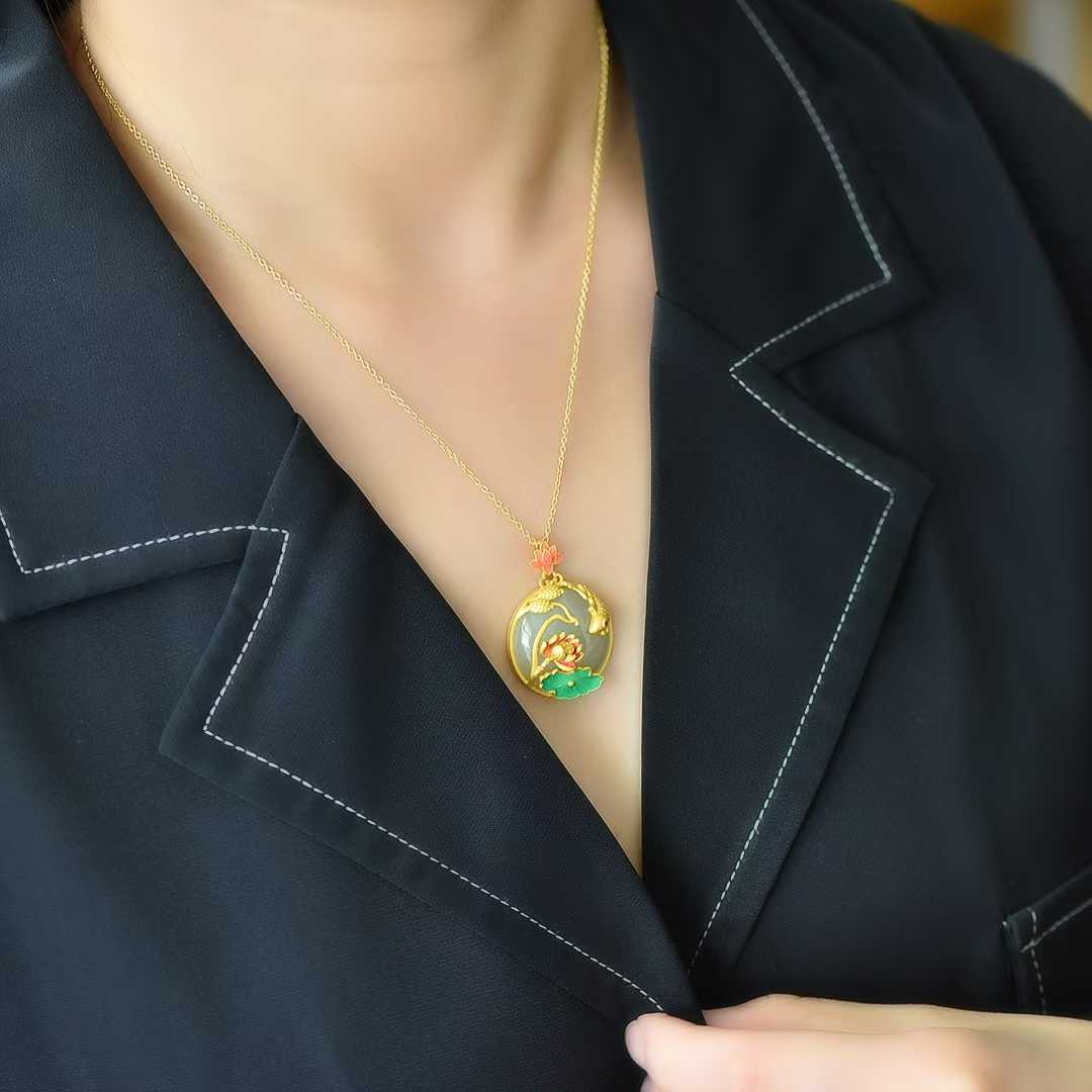 925 Silver Inlaid Hetian Nephrite Smoky Gray Cabochon "Lotus & Abundant Surplus" Pendant - jewelry - weilin.com